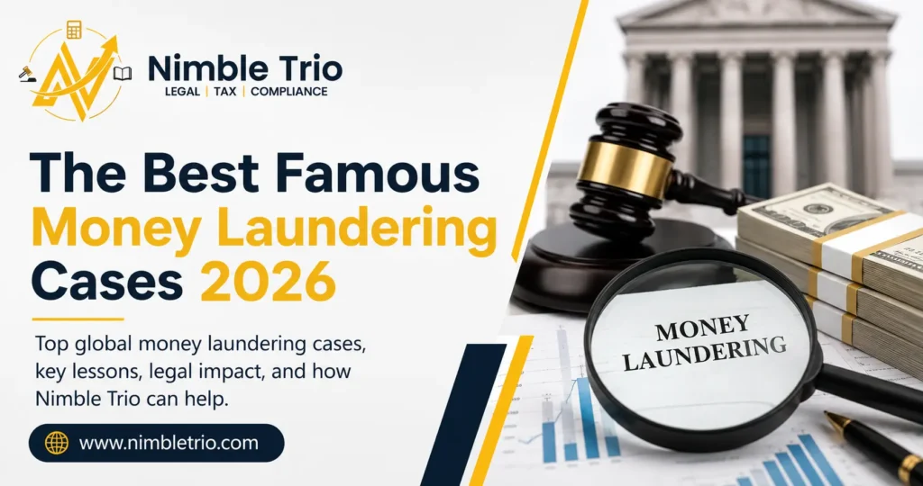 The Best Famous Money Laundering Cases 2026 banner with Nimble Trio logo, legal gavel, money, and financial investigation concept.